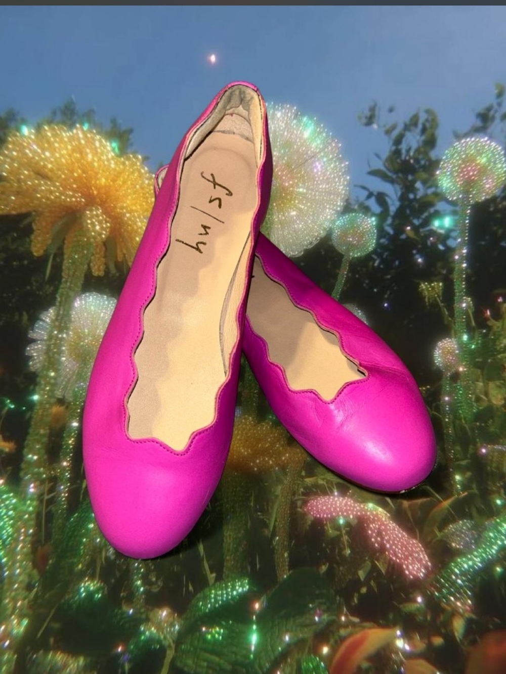 💕French Sole Jigsaw Hot Pink Leather Scalloped Ballet Flats💕